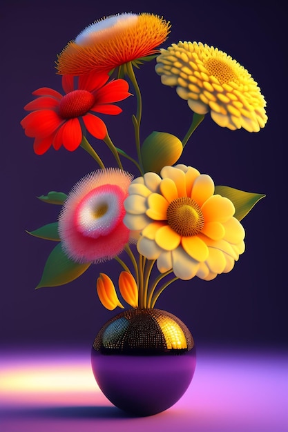 A vase of flowers with a dark purple background.