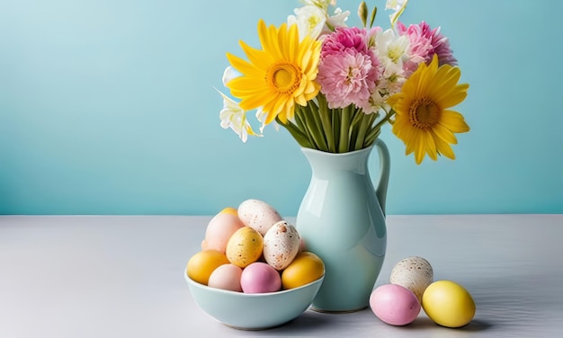 a vase of flowers with flowers and eggs in it