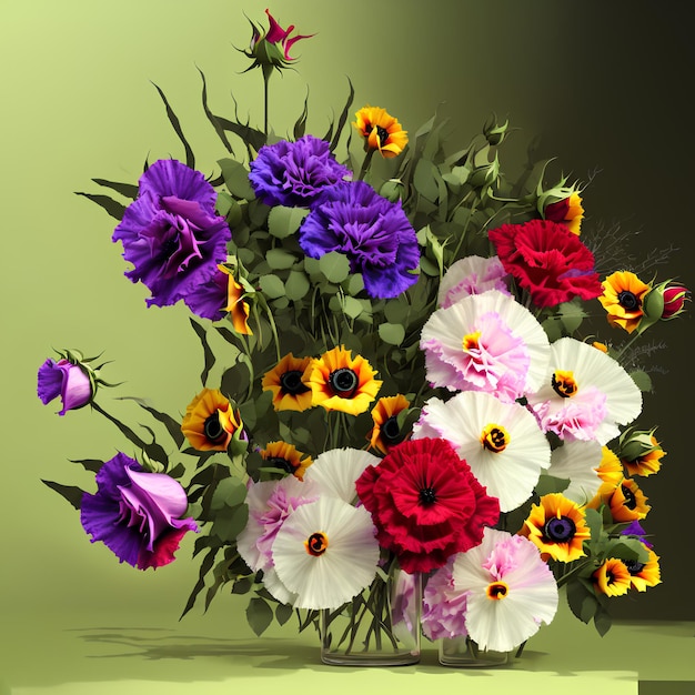 A vase of flowers with a green background and a purple and red flower in the middle.