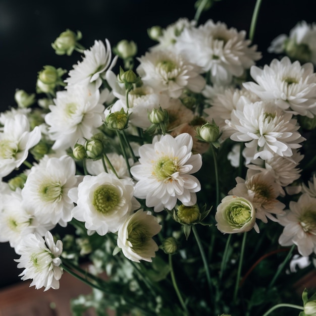 A vase of flowers with green buds and white flowers