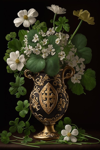 A vase of flowers with a green leaf and a white flower in the middle.