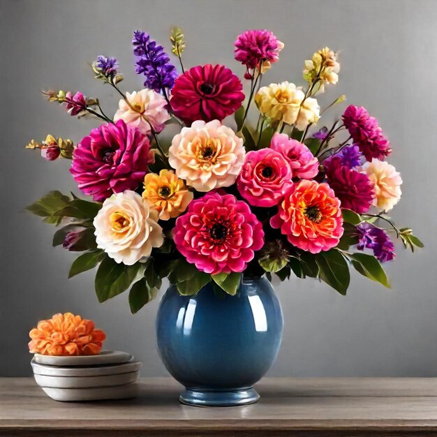 Photo a vase of flowers with a grey background and a bowl with a bowl of flowers