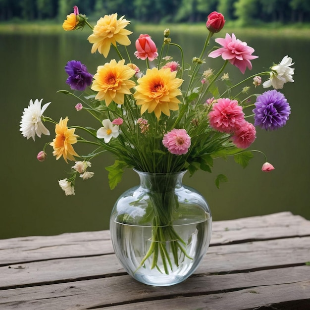 a vase of flowers with a lake in the background