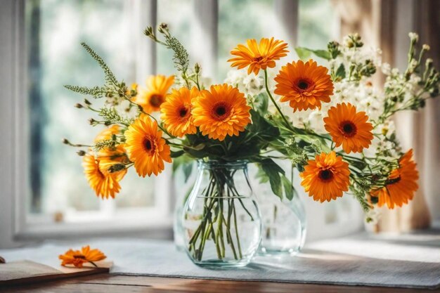 a vase of flowers with orange leaves and yellow flowers