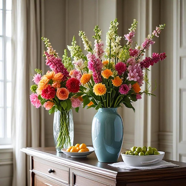 a vase of flowers with oranges and pink flowers on a table