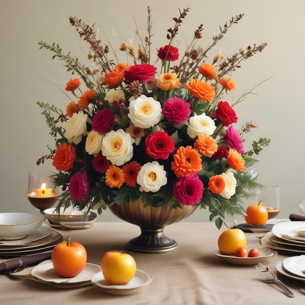 Photo a vase of flowers with oranges and white flowers on a table