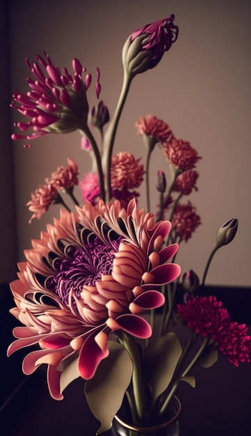 A vase of flowers with a pink and orange background.