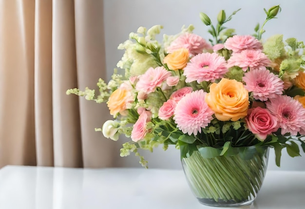 a vase of flowers with a pink and yellow flowers in it