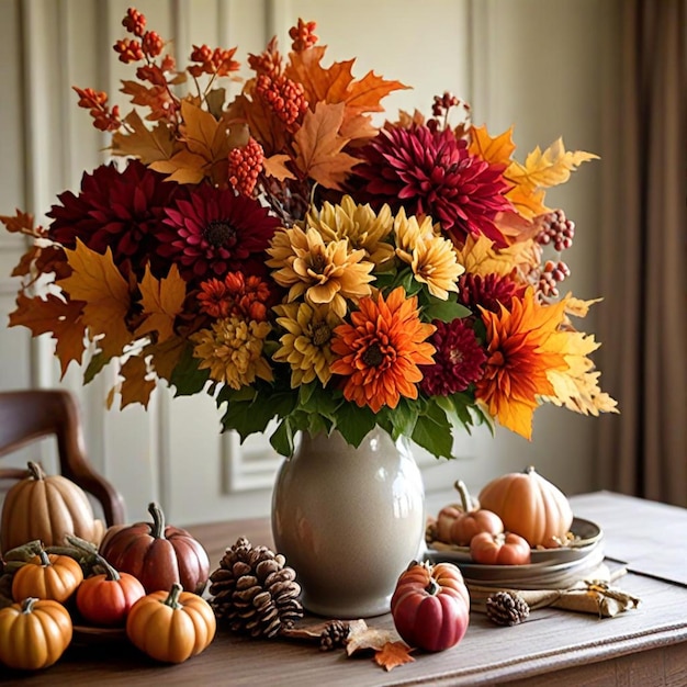 a vase of flowers with a pumpkin and pumpkins on a table