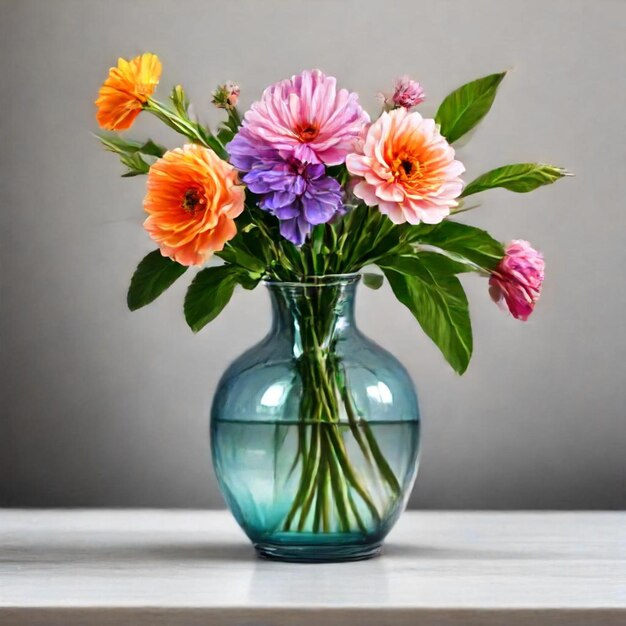 a vase of flowers with purple pink and purple flowers