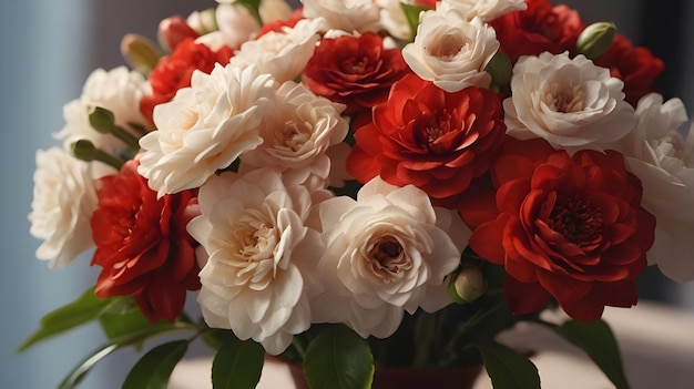 a vase of flowers with red and white flowers in it