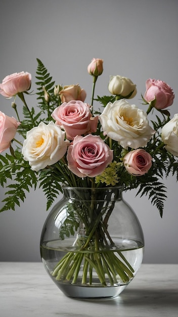 a vase of flowers with a silver ribbon around it