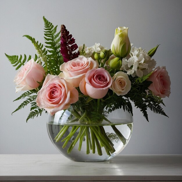 a vase of flowers with a silver ribbon around it