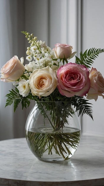 a vase of flowers with a silver ribbon around it