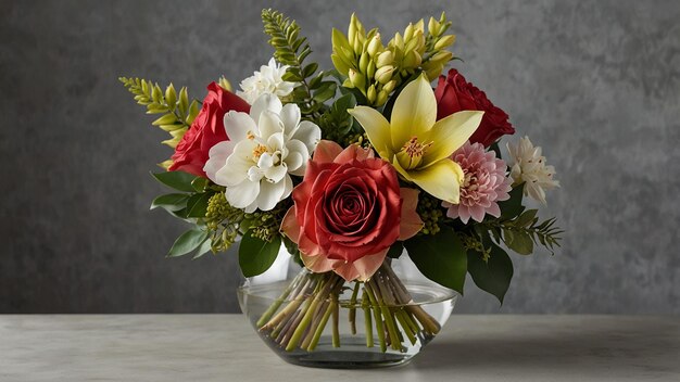 a vase of flowers with a silver ribbon around it