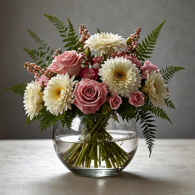 a vase of flowers with a silver ribbon around it