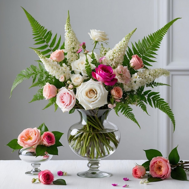 a vase of flowers with a silver ribbon around it