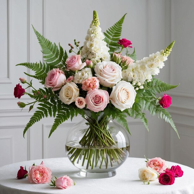 a vase of flowers with a silver ribbon around it