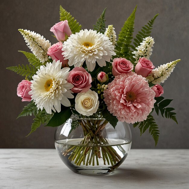 a vase of flowers with a silver ribbon around it