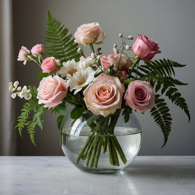 a vase of flowers with a silver ribbon around it