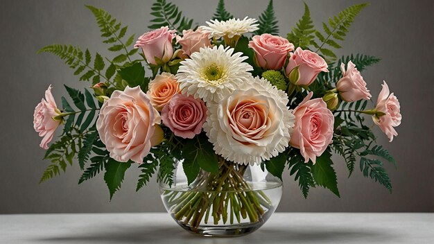 a vase of flowers with a silver ribbon around it