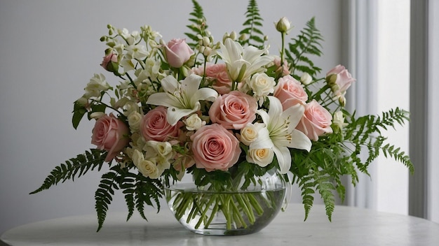 a vase of flowers with a silver ribbon around it