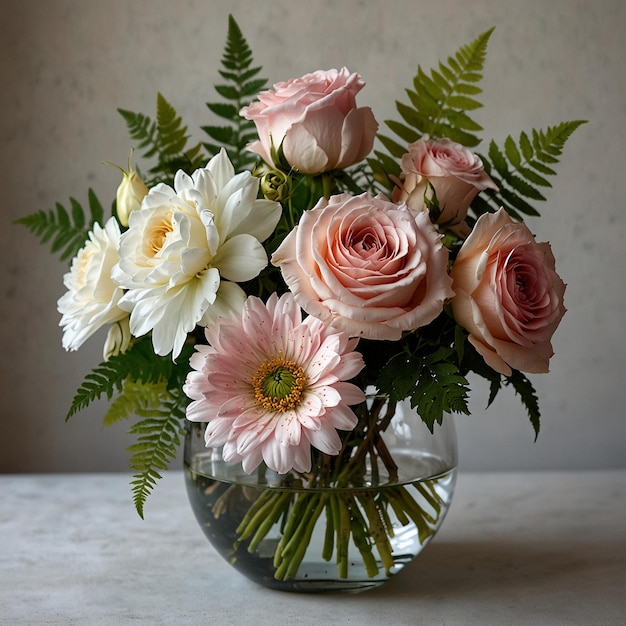 a vase of flowers with a silver ribbon around it