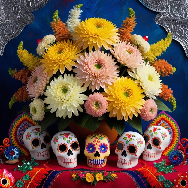 Photo a vase of flowers with a skull and flowers on it