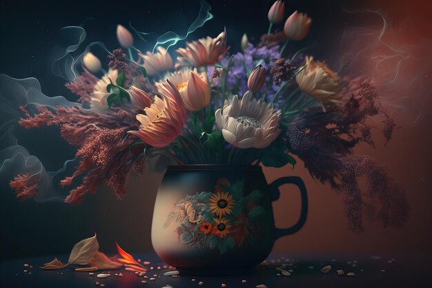 Photo a vase of flowers with a smoke effect