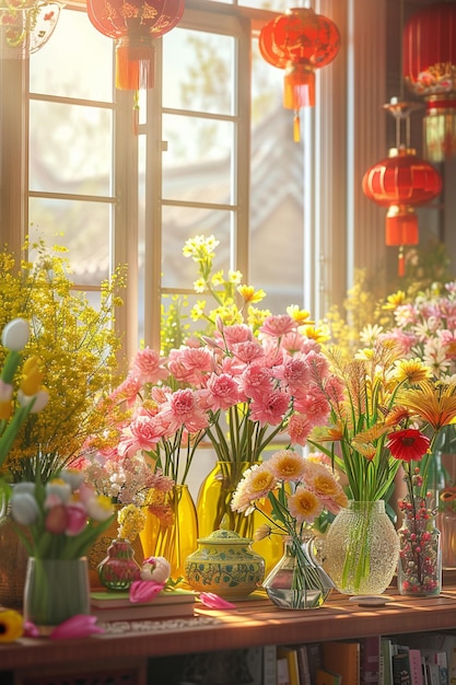 a vase of flowers with a vase of flowers in front of a window