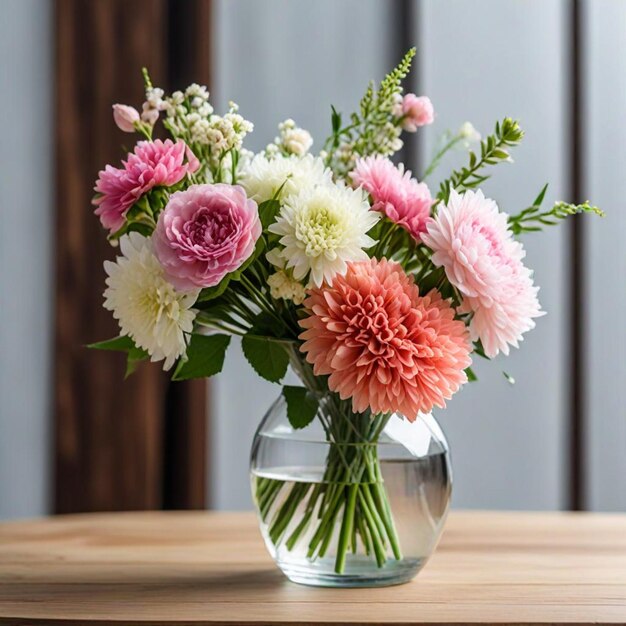 a vase of flowers with water and leaves in it