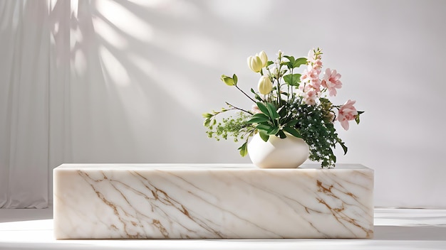 Photo a vase of flowers with a white and brown marble top