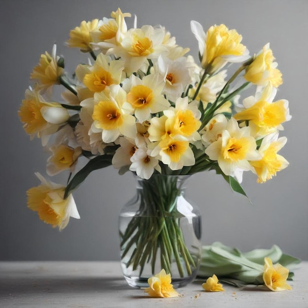 a vase of flowers with a white ribbon around it