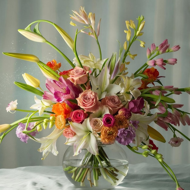 Photo a vase of flowers with a white tablecloth and a white tablecloth