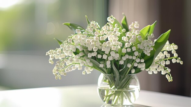 Photo a vase of flowers with the words  lily of the valley  on the bottom