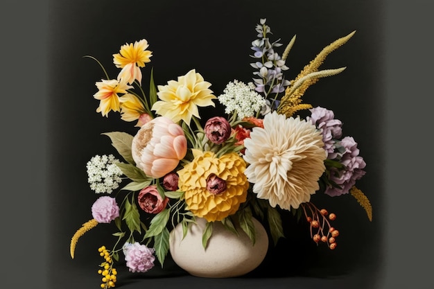 A vase of flowers with a yellow flower in it