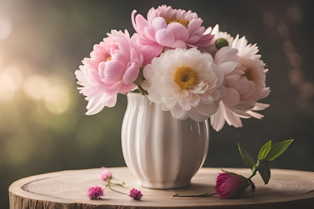 A vase of flowers on a wooden table with a green background.