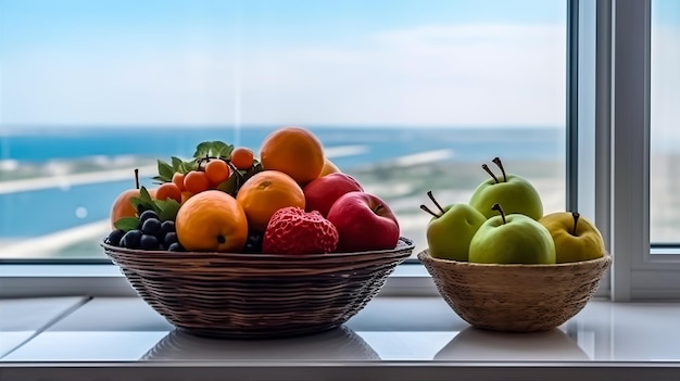 vase of fresh tropical fruits on the wooden table there