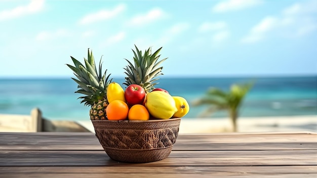 vase of fresh tropical fruits on the wooden table there