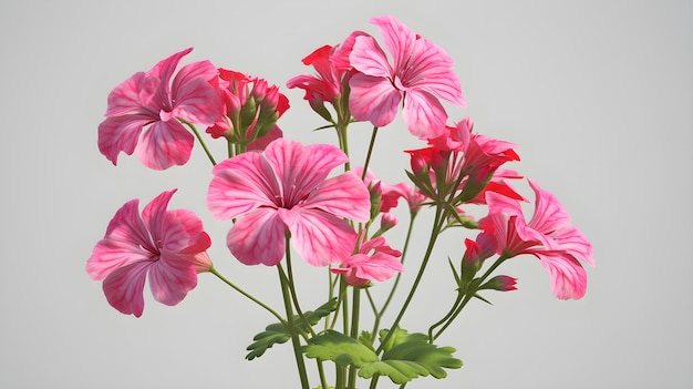 A vase of geraniums with green leaves and a white background.