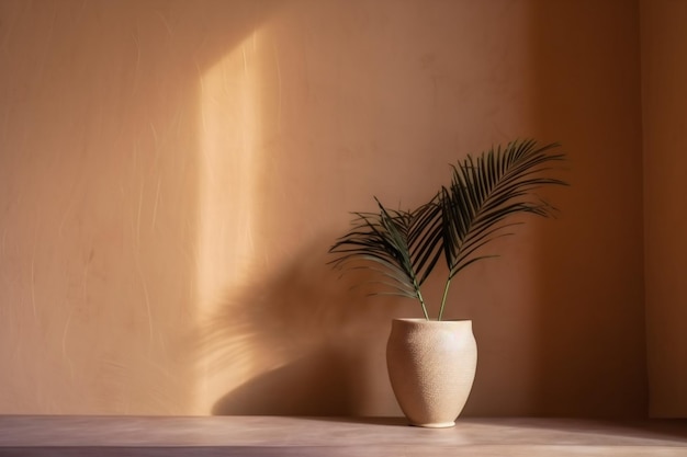 Vase interior shadows design beige concrete wall decor sunlight palm home Generative AI