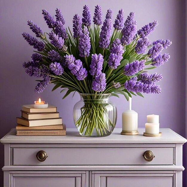 Photo a vase of lavender flowers sits on a dresser with candles