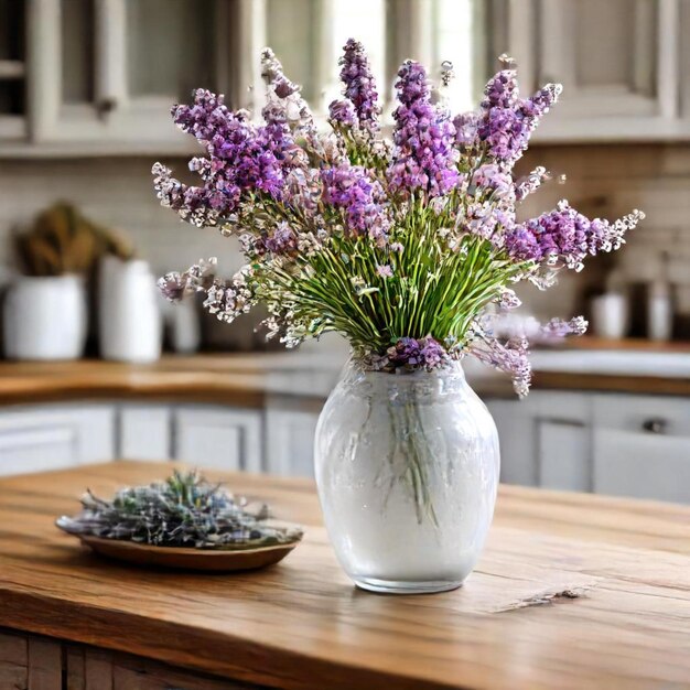 a vase of lavender flowers sits on a table in a kitchen