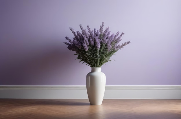 vase of lavender on parquet floor of room cozy home interior in pastel violet tones