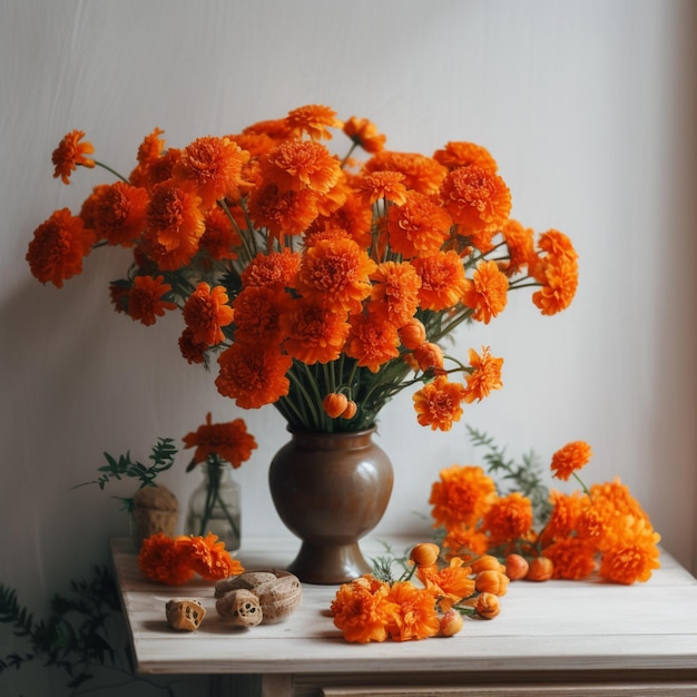 A vase of orange flowers is on a table with other flowers