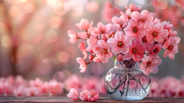 A vase of pink cherry blossoms on a wooden table with a blurred background of more blossoms