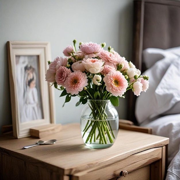 Photo a vase of pink flowers sits on a table next to a bed