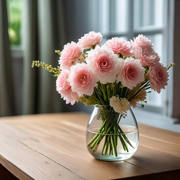 a vase of pink flowers sits on a table