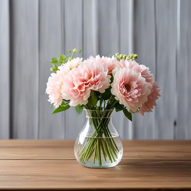 a vase of pink flowers sits on a wooden table