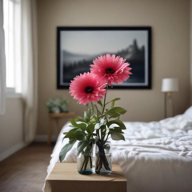 Photo a vase of pink flowers on a table in a bedroom